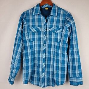 Eddie Bauer Travex Shirt Womens Medium Blue Plaid Seersucker Roll Tab Sleeves